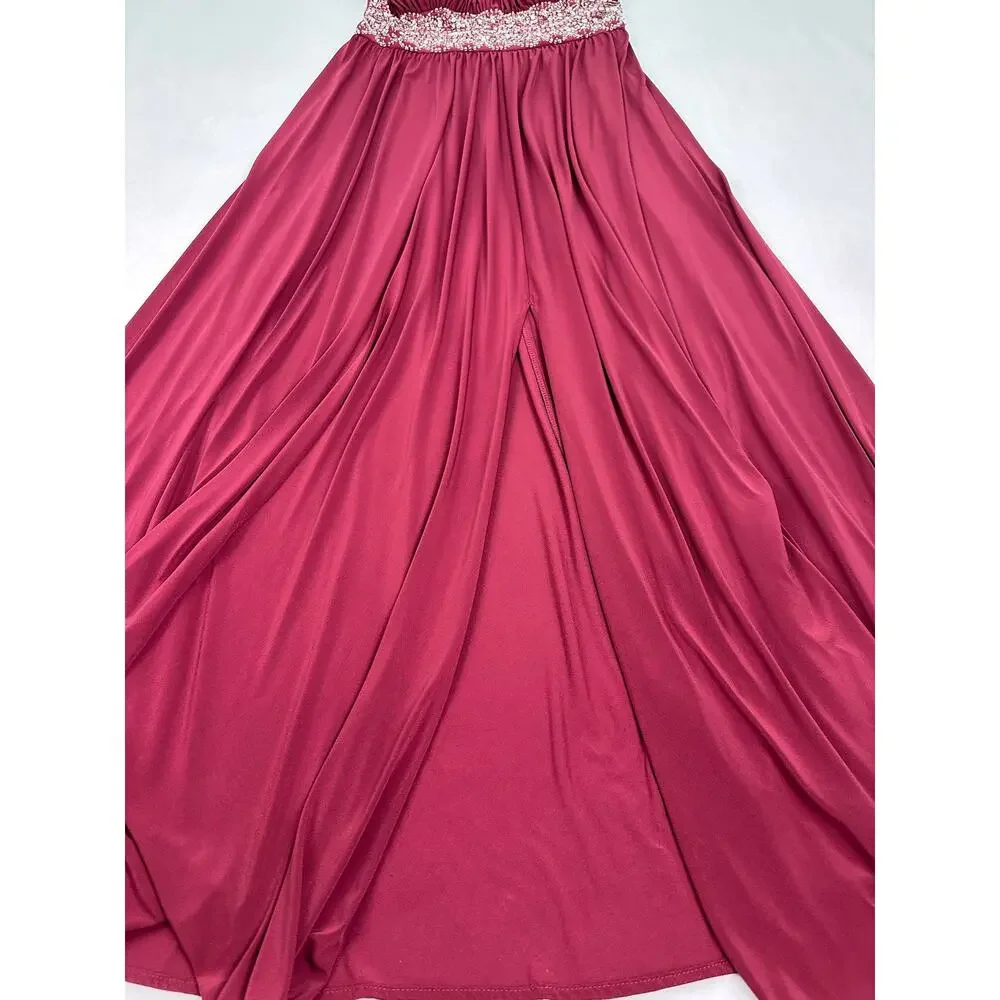 R&M Richards Wine Beaded Halter Evening Gown Keyhole Neck Maxi Dress Size 8 - Picture 9 of 15